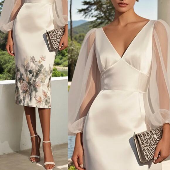 FEHAUTE US10 White Bridal Dress | Sheer Sleeves, Floral Hem, NWT - Picture 2 of 13